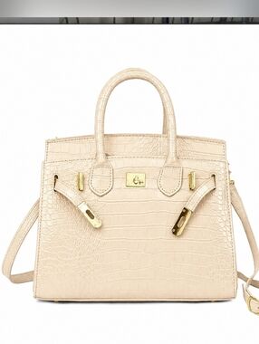 Elegant Cream Croc-Embossed Satchel Handbag with Gold Hardware